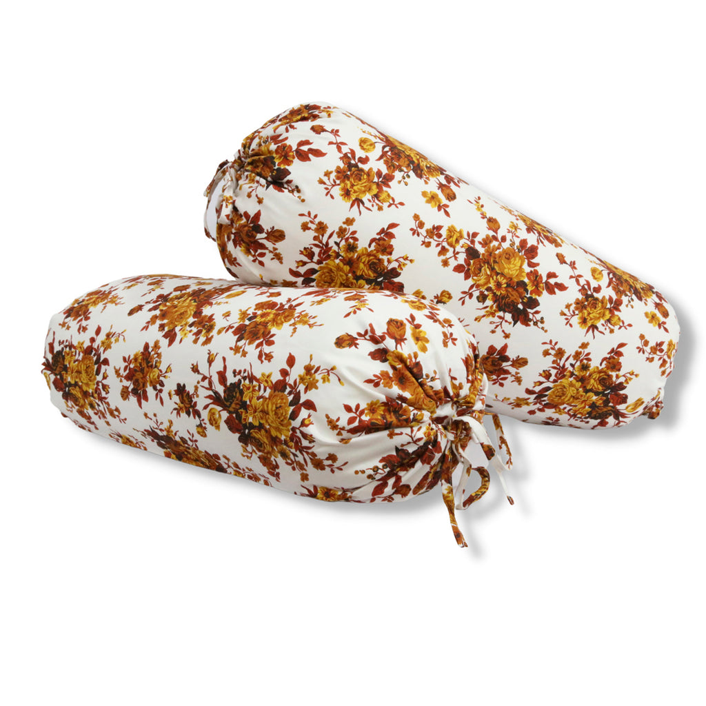 Floral Printed Pure Cotton White Bolster Covers 30 x 30 Inches Pack Of 2