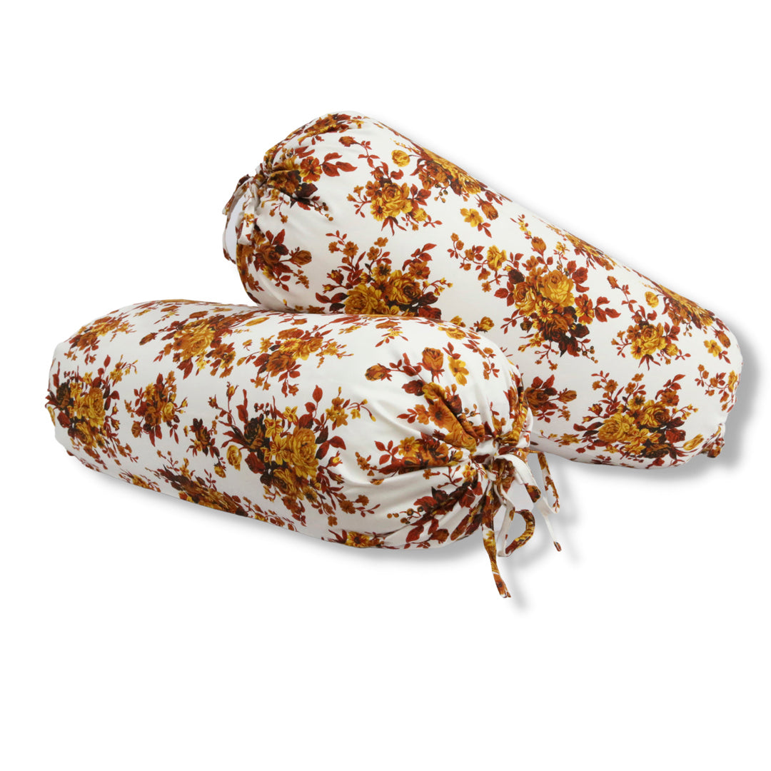Floral Printed Pure Cotton White Bolster Covers 30 x 30 Inches Pack Of 2