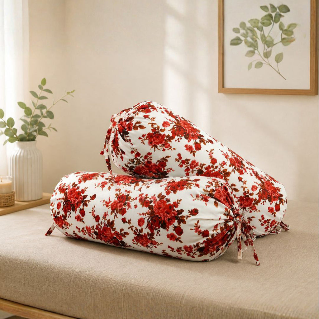Floral Printed Pure Cotton White Bolster Covers 30 x 30 Inches Pack Of 2