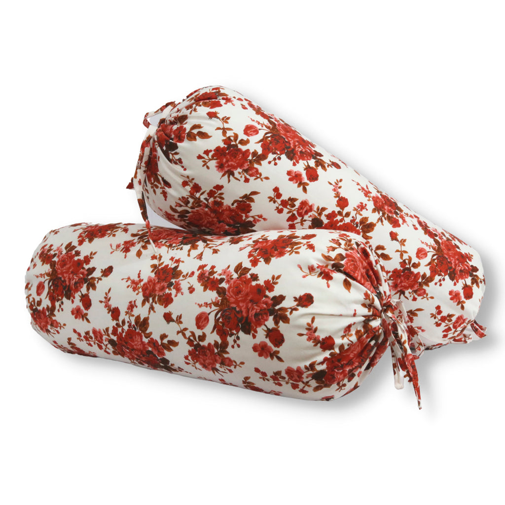 Floral Printed Pure Cotton White Bolster Covers 30 x 30 Inches Pack Of 2