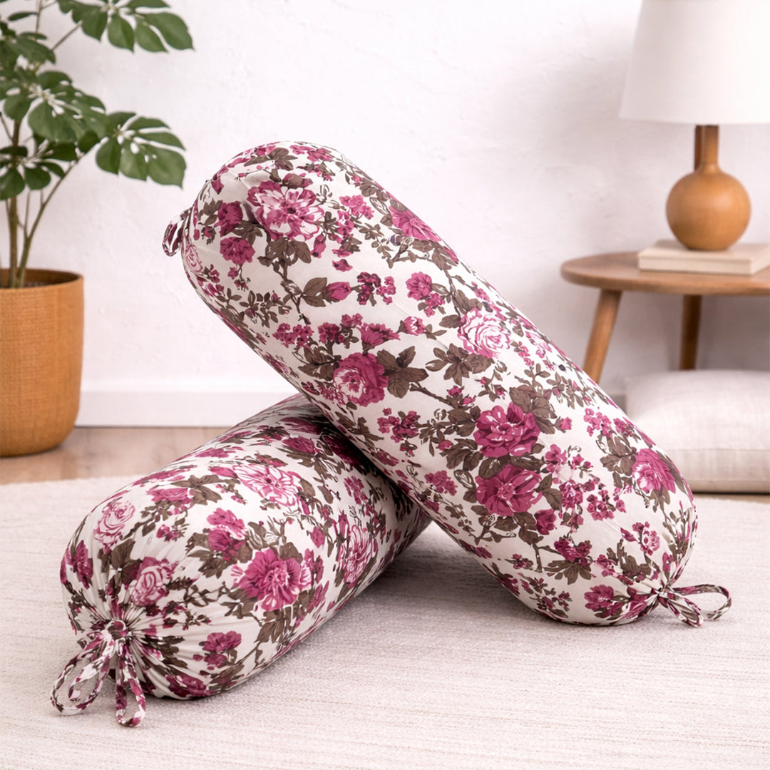 Floral Printed Pure Cotton White Bolster Covers 30 x 30 Inches Pack Of 2