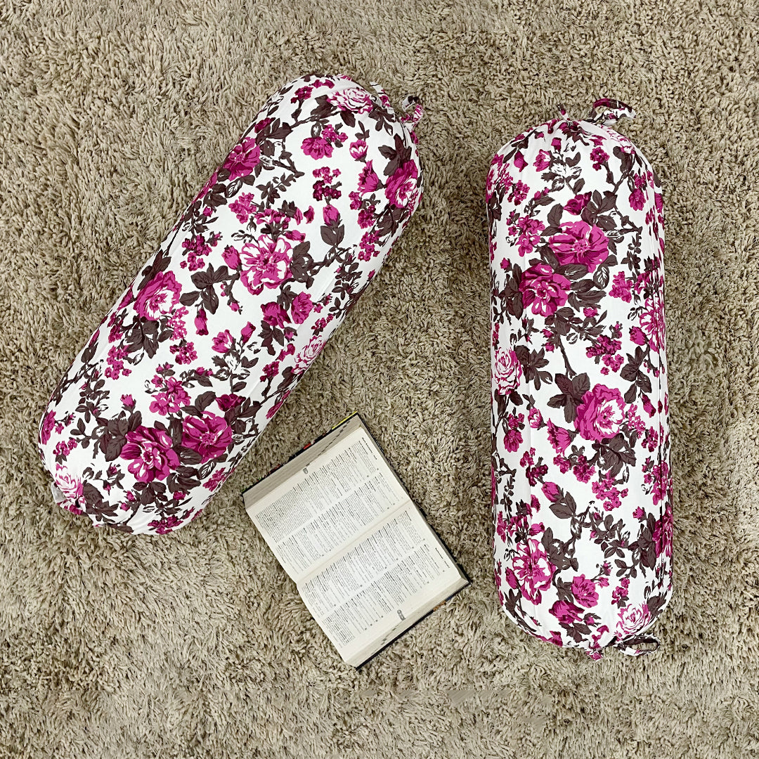 Floral Printed Pure Cotton White Bolster Covers 30 x 30 Inches Pack Of 2