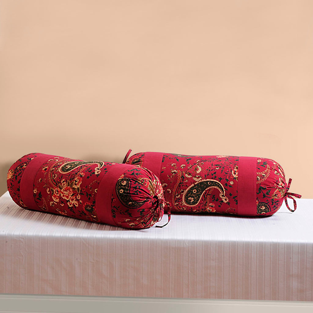 Paisley Floral Printed Pure Cotton Red Bolster Covers 30 x 30 Inches Pack Of 2