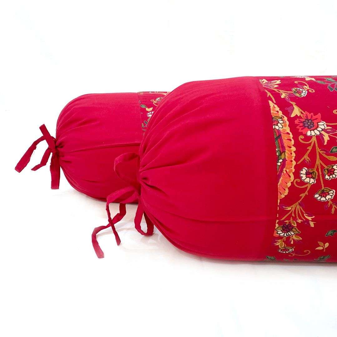 Paisley Floral Printed Pure Cotton Red Bolster Covers 30 x 30 Inches Pack Of 2