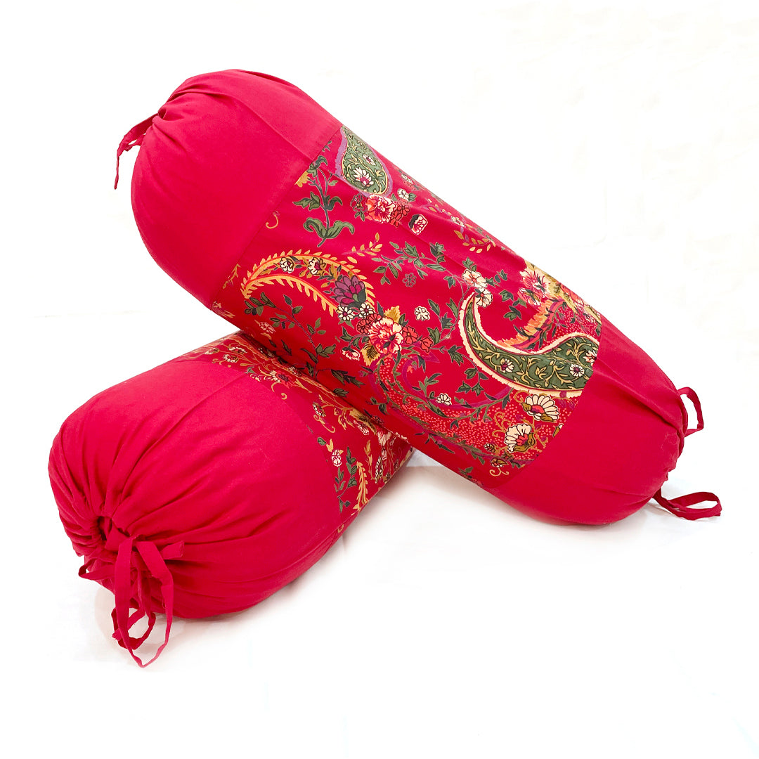 Paisley Floral Printed Pure Cotton Red Bolster Covers 30 x 30 Inches Pack Of 2