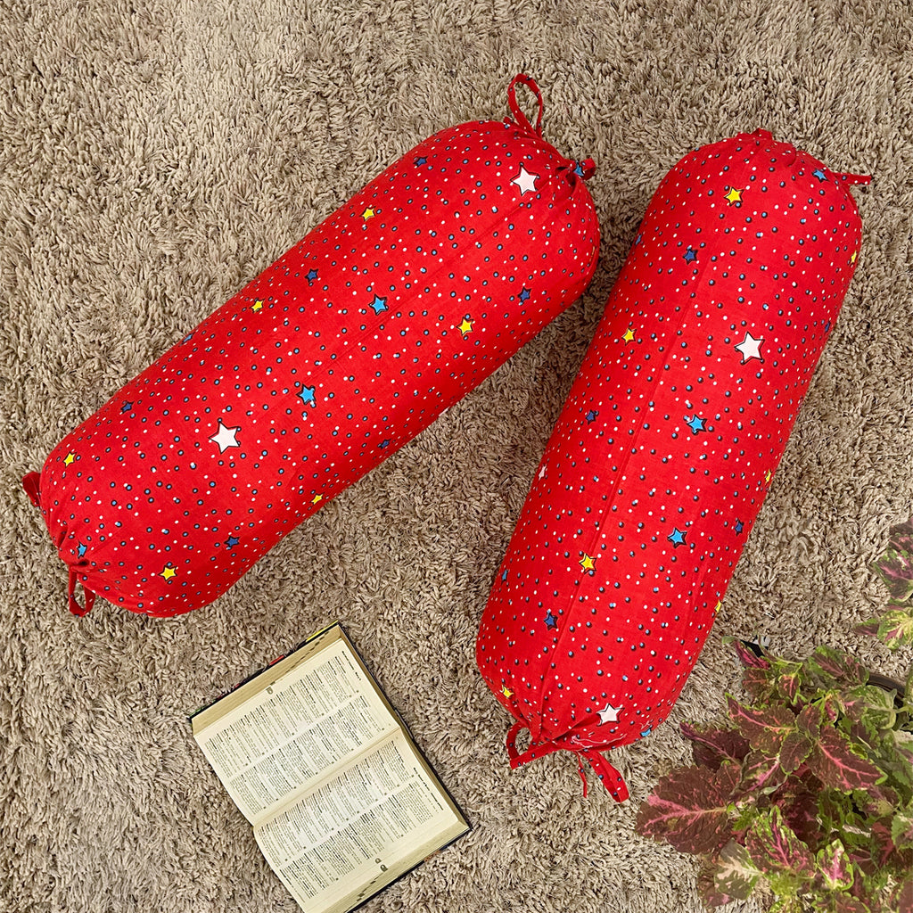 Star Printed Pure Cotton Red Bolster Covers 30 x 30 Inches Pack Of 2