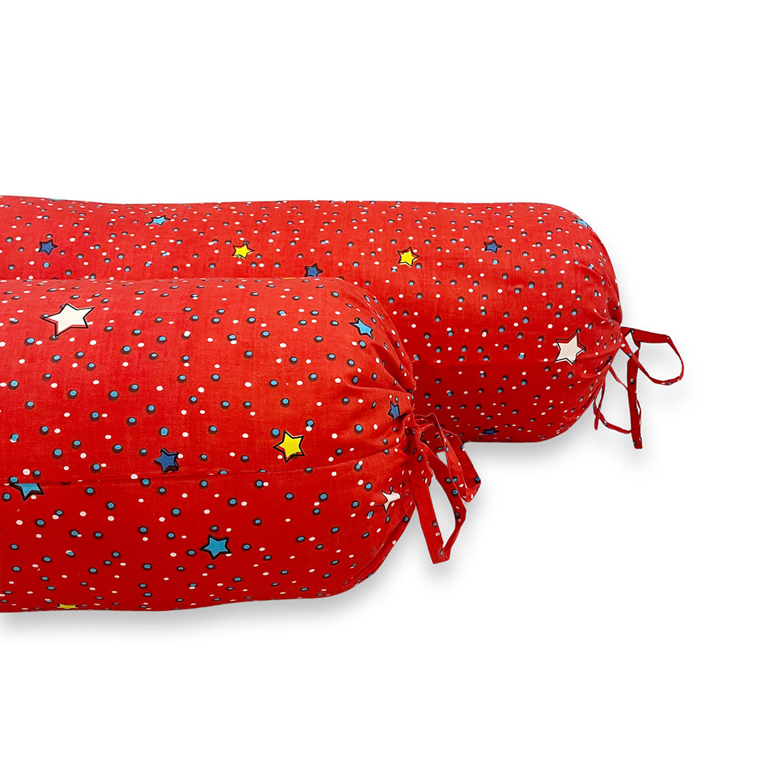 Star Printed Pure Cotton Red Bolster Covers 30 x 30 Inches Pack Of 2