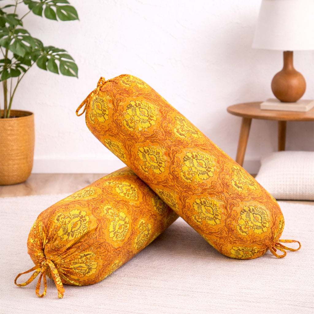 Traditional Floral Printed Pure Cotton Orange Bolster Covers 30 x 30 Inches Pack Of 2