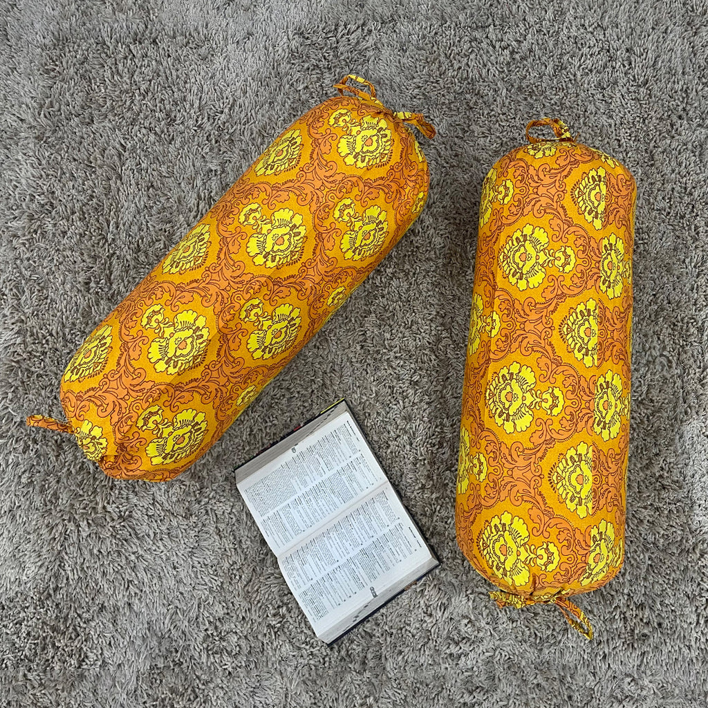 Traditional Floral Printed Pure Cotton Orange Bolster Covers 30 x 30 Inches Pack Of 2
