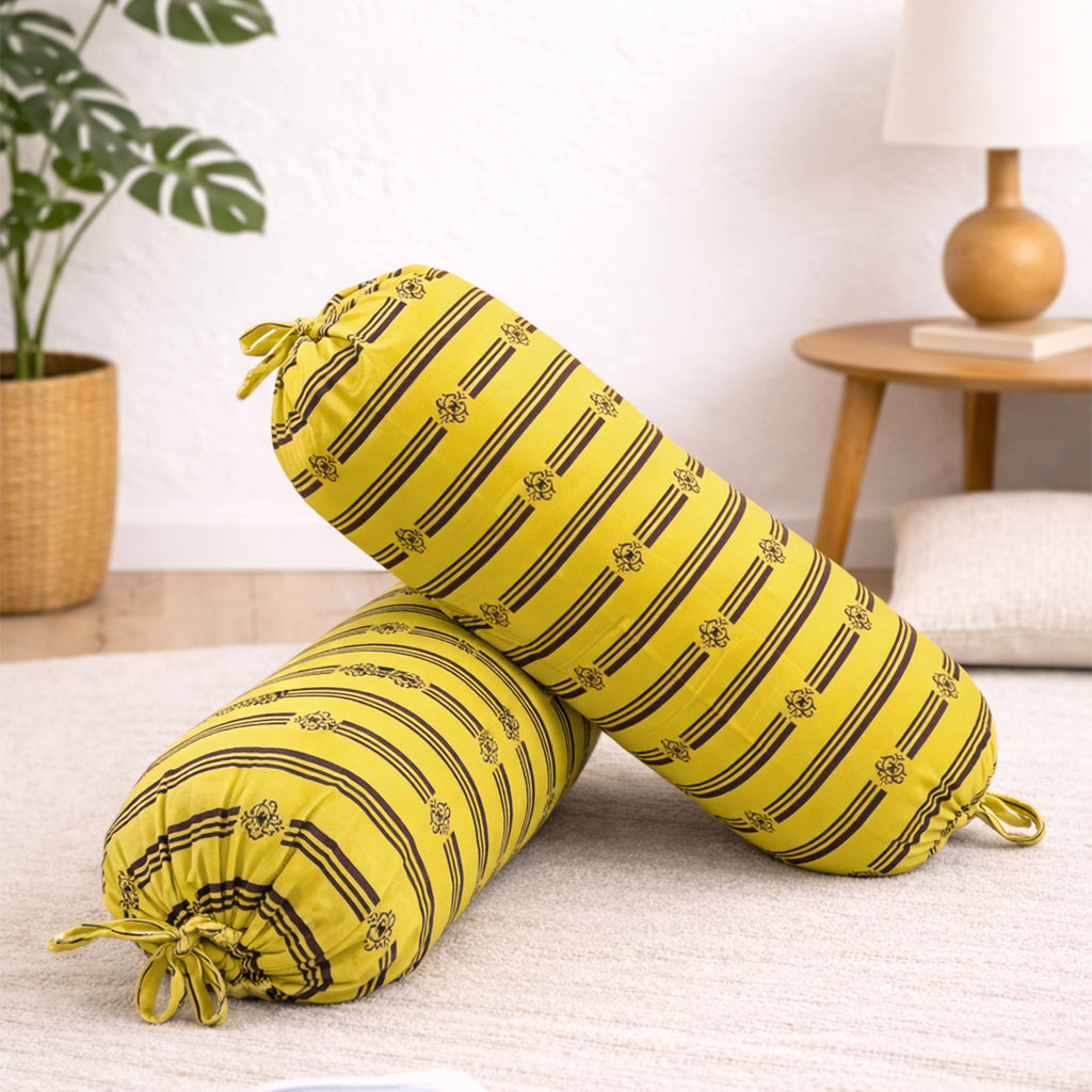 Stripe Printed Pure Cotton Yellow Bolster Covers 30 x 30 Inches Pack Of 2