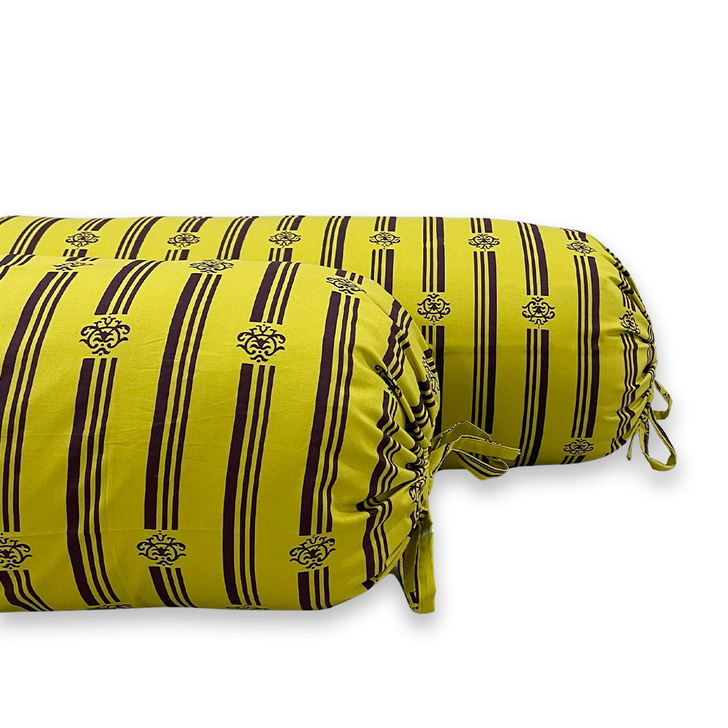Stripe Printed Pure Cotton Yellow Bolster Covers 30 x 30 Inches Pack Of 2