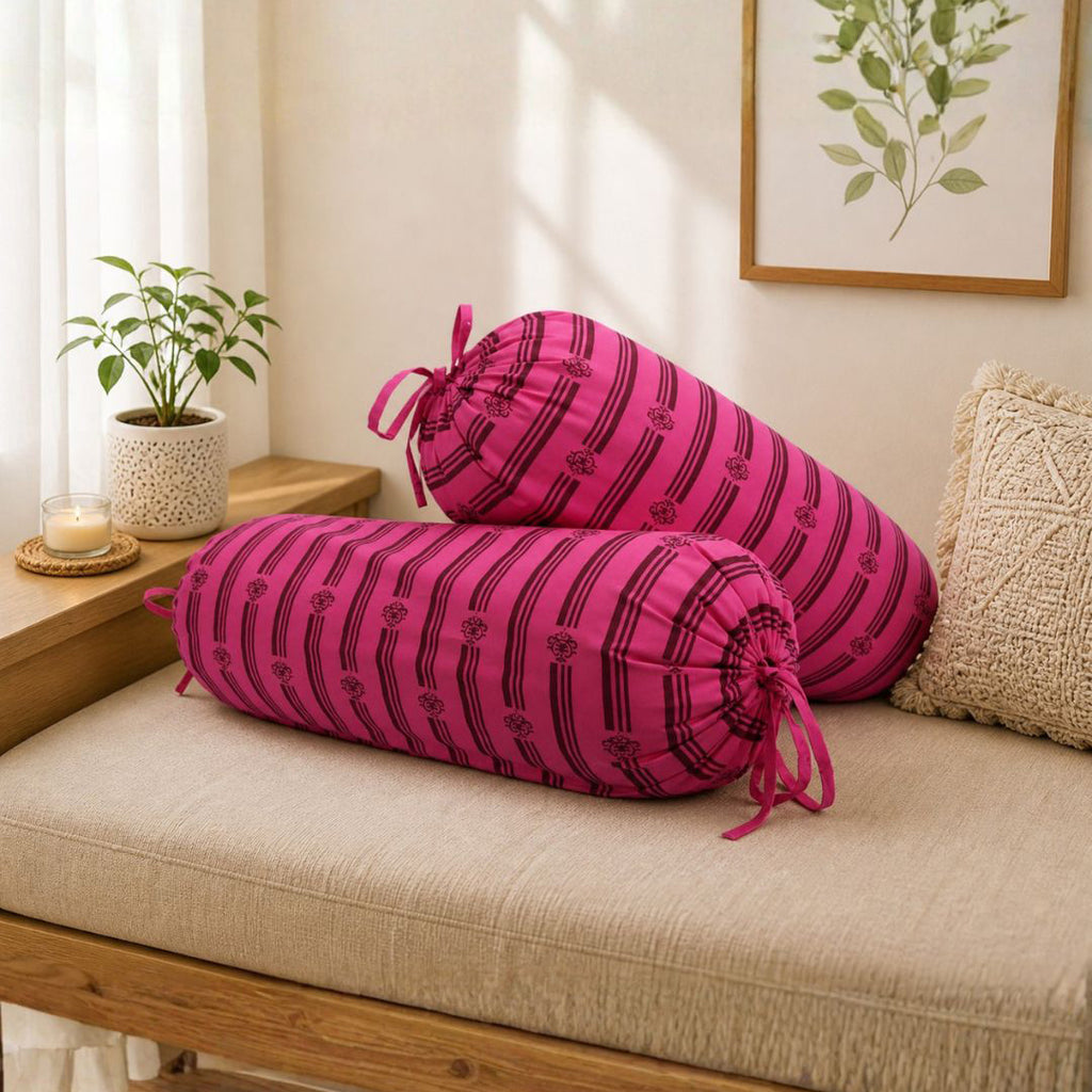 Stripe Printed Pure Cotton Pink Bolster Covers 30 x 30 Inches Pack Of 2