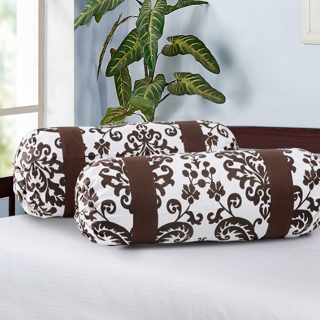 Damask Printed Pure Cotton White Bolster Covers 30 x 30 Inches Pack Of 2