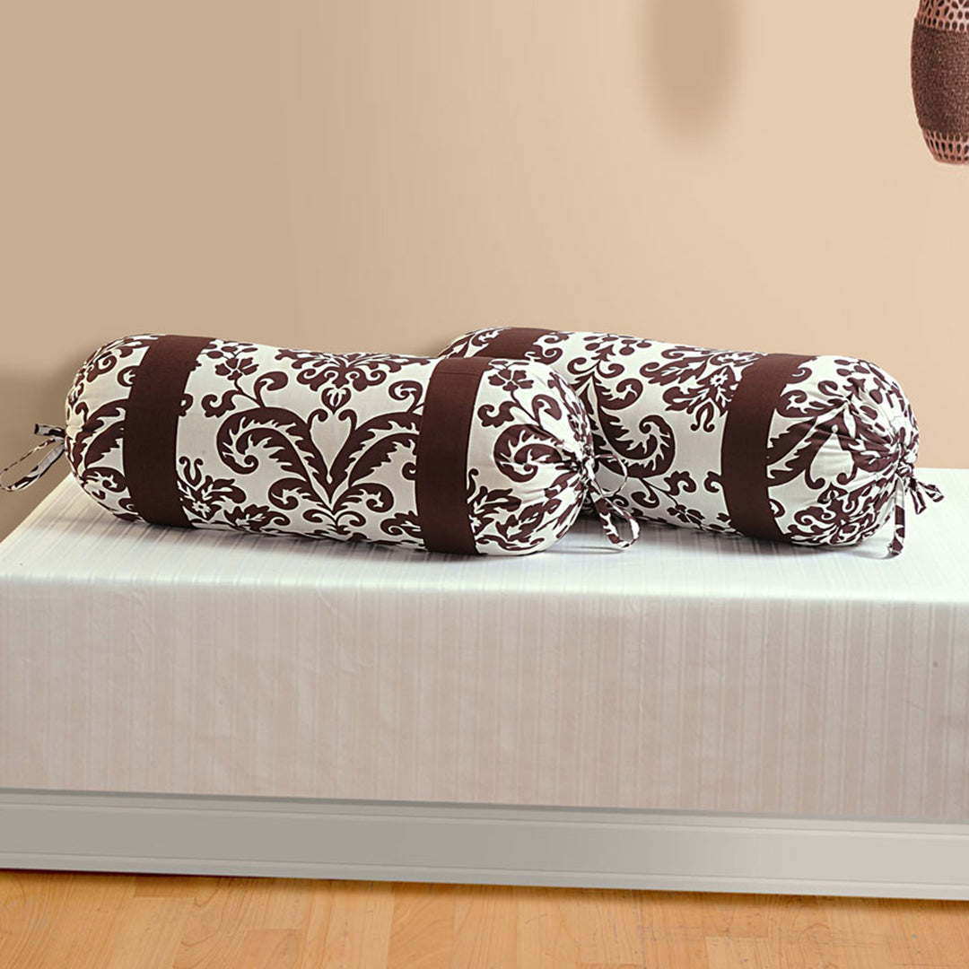Damask Printed Pure Cotton White Bolster Covers 30 x 30 Inches Pack Of 2