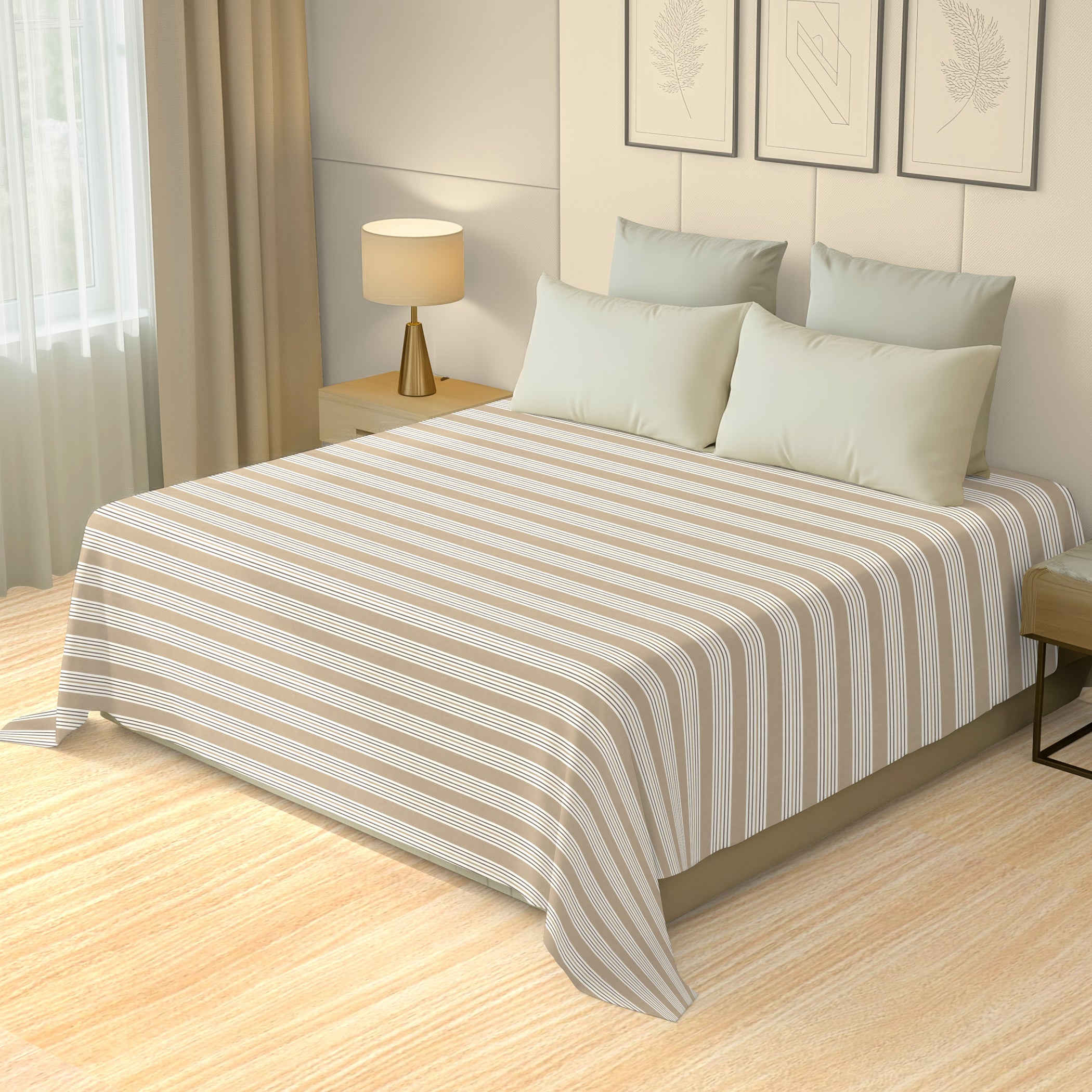 Classic Stripe Beige Pure Cotton Bed Cover King Size 90 x 100 Inches Pack of 1