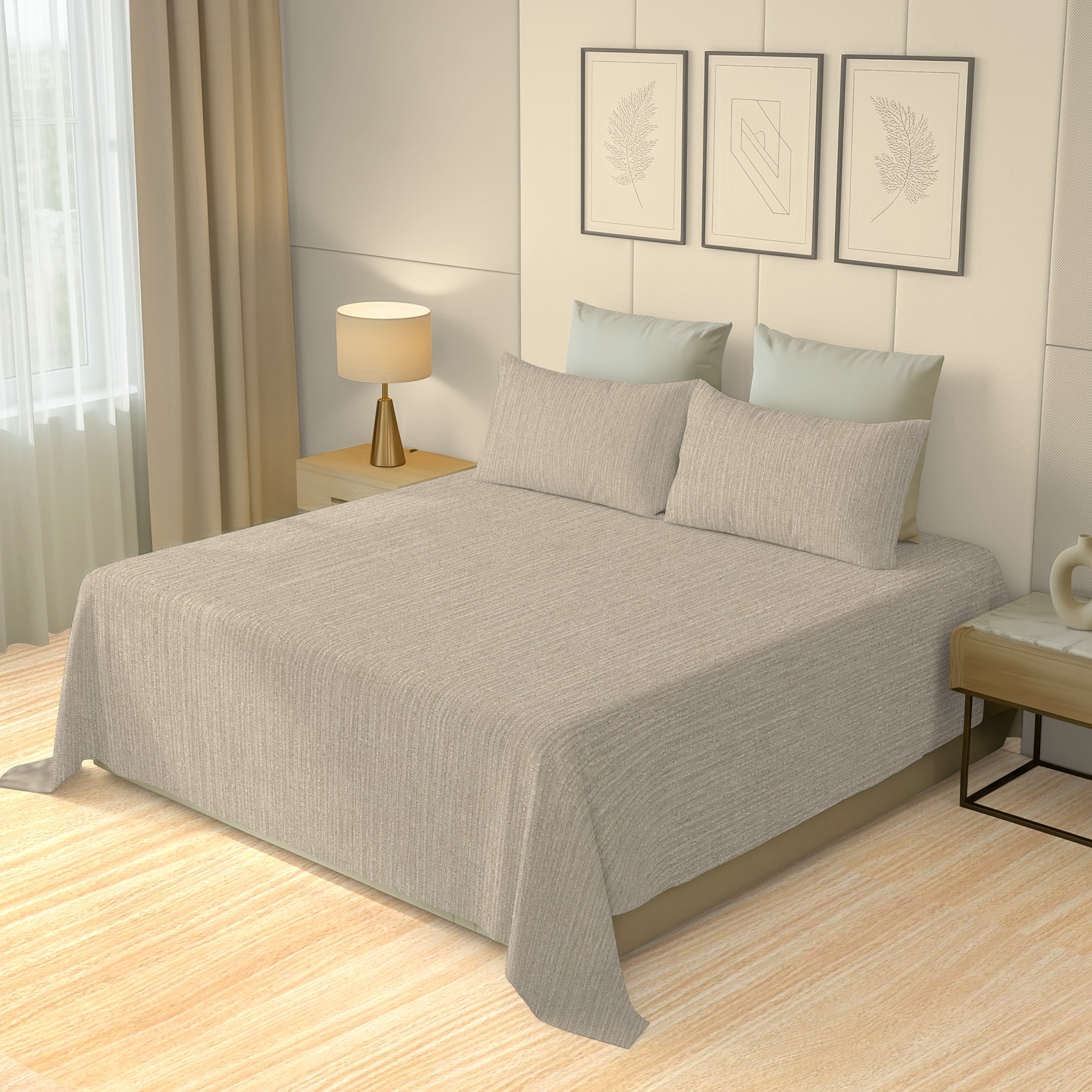 Solid Beige Pure Cotton Bed Cover King Size 90 x 100 Inches with 2 Pillow Covers Pack of 1