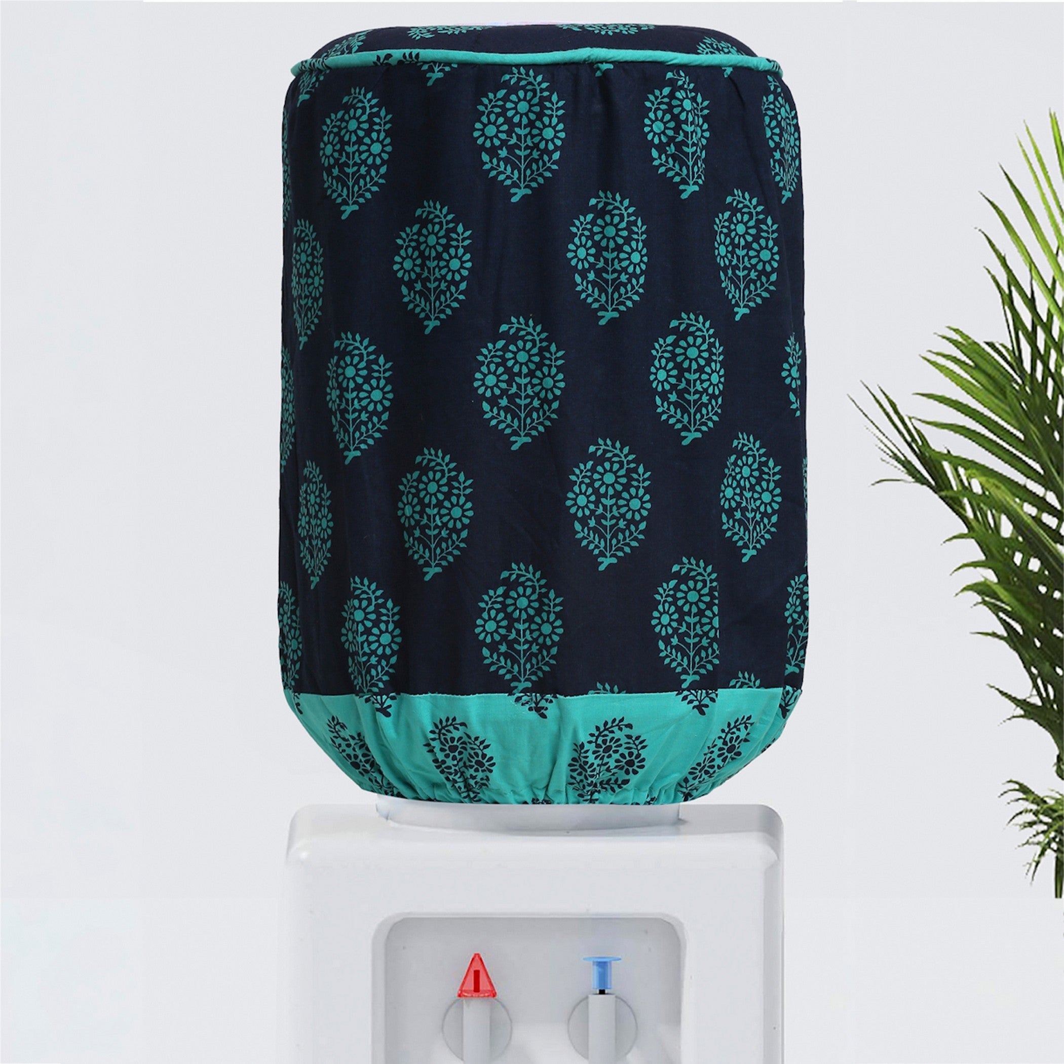 Quilted & Waterproof Water Dispenser 20 Litre Bottle Cover – Navy Blue with Teal Leaf Motif