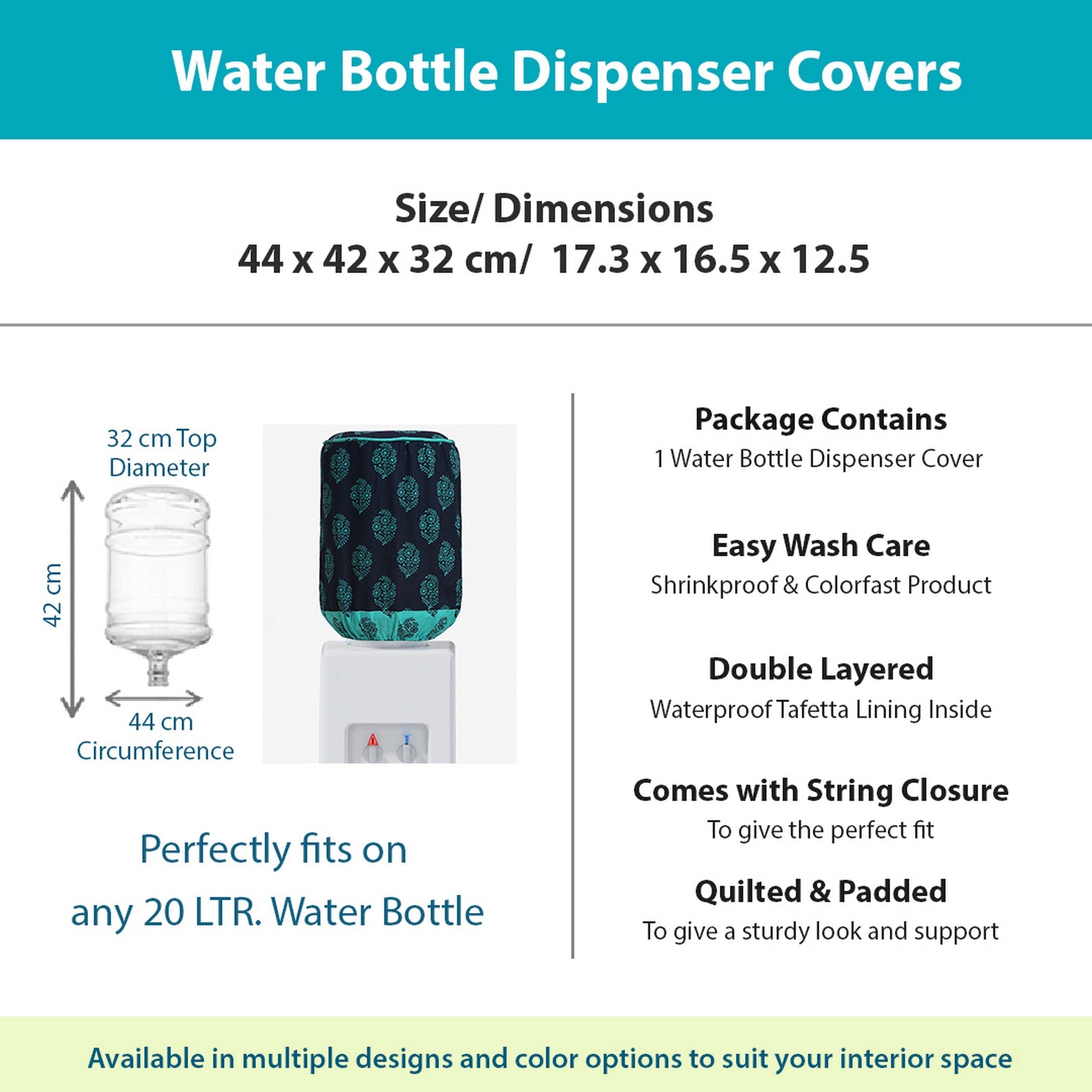 Quilted & Waterproof Water Dispenser 20 Litre Bottle Cover – Navy Blue with Teal Leaf Motif