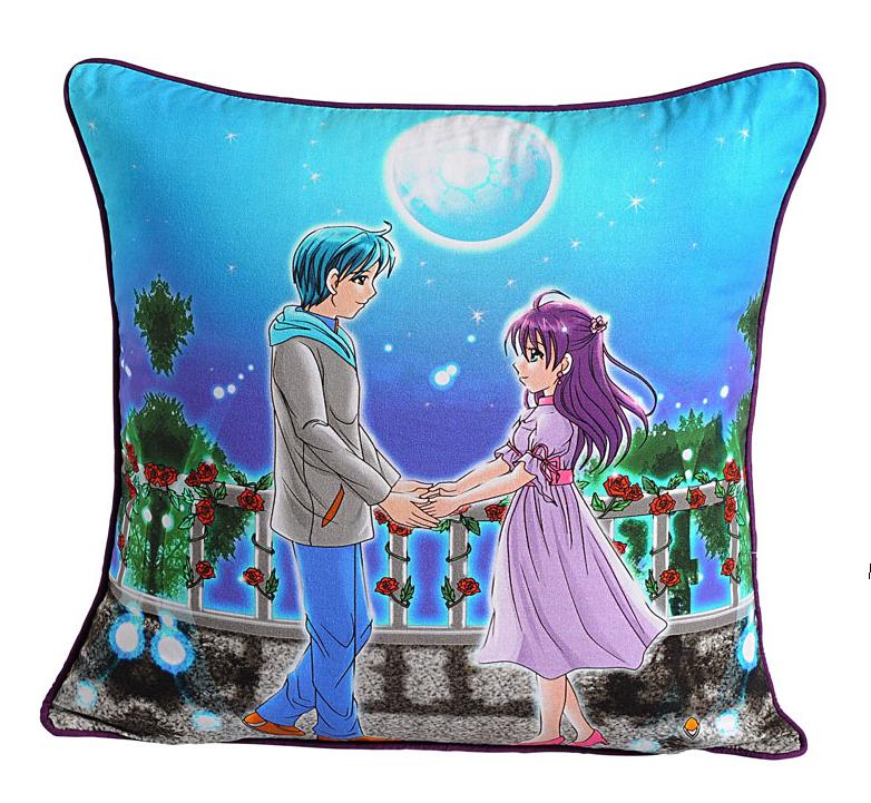 Magical Moonlight Friends Cushion Cover – Cute Cartoon Couple Design for Kids Room Décor
