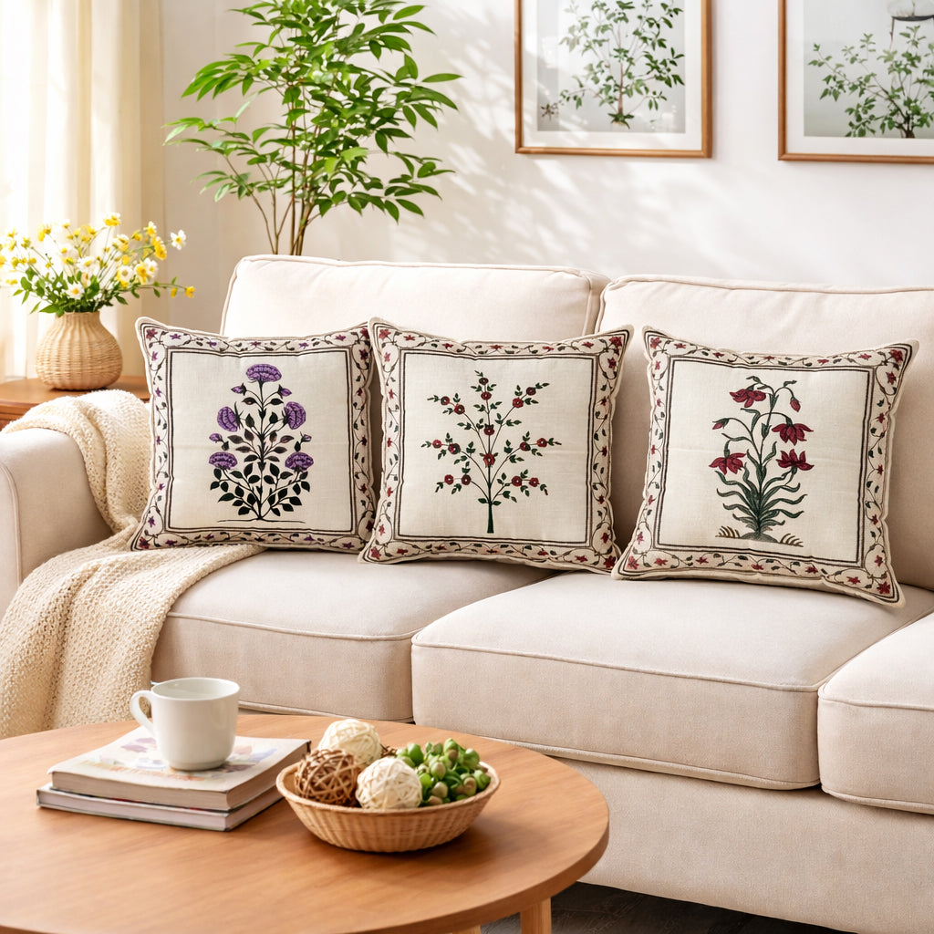 Swayam Beige Ethnic Floral Printed Cushion Covers Set of 3 (16x16 Inches)