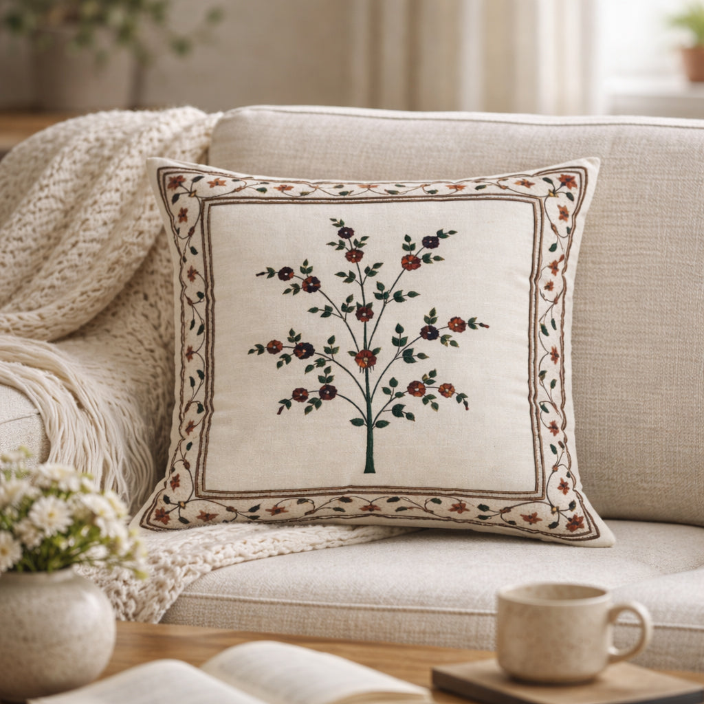 Swayam Beige Ethnic Floral Printed Cushion Covers Set of 3 (16x16 Inches)