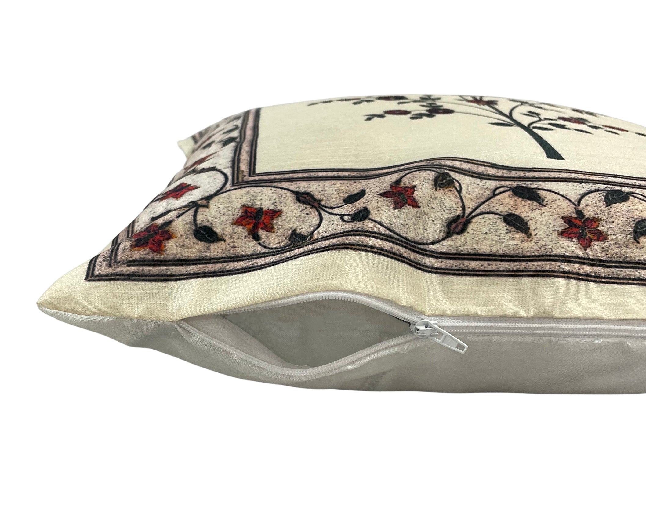 Swayam Beige Ethnic Floral Printed Cushion Covers Set of 3 (16x16 Inches)