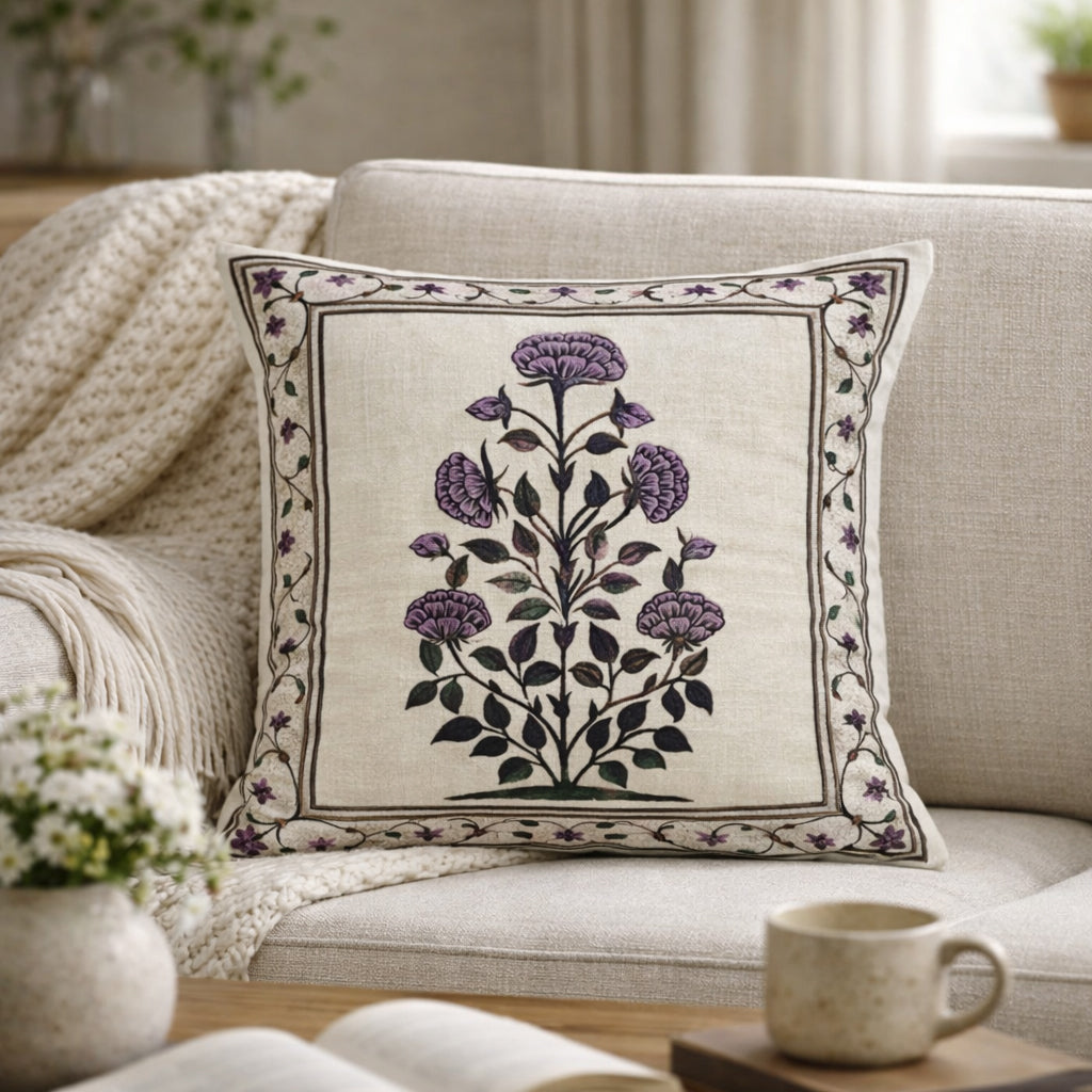 Swayam Beige Ethnic Floral Printed Cushion Covers Set of 3 (16x16 Inches)