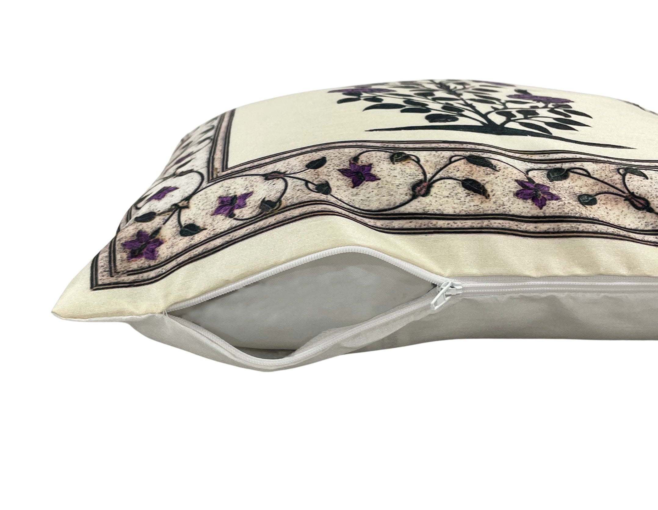 Swayam Beige Ethnic Floral Printed Cushion Covers Set of 3 (16x16 Inches)
