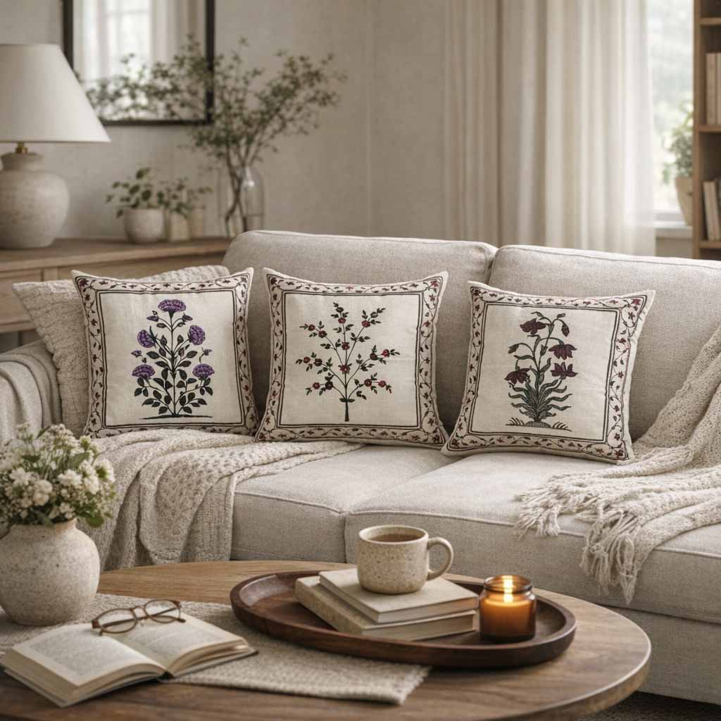 Swayam Beige Ethnic Floral Printed Cushion Covers Set of 3 (16x16 Inches)
