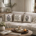 Swayam Beige Ethnic Floral Printed Cushion Covers Set of 3 (16x16 Inches)