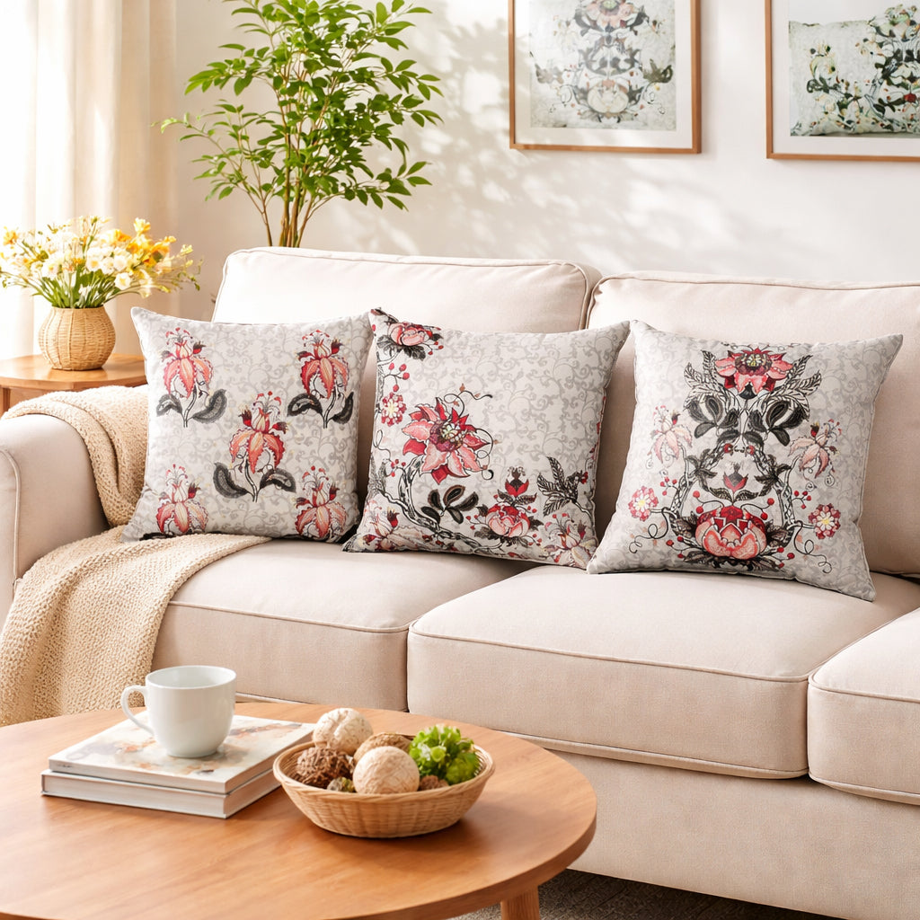 Swayam Beige Floral Printed Cushion Covers Set of 3 (16x16 Inches)