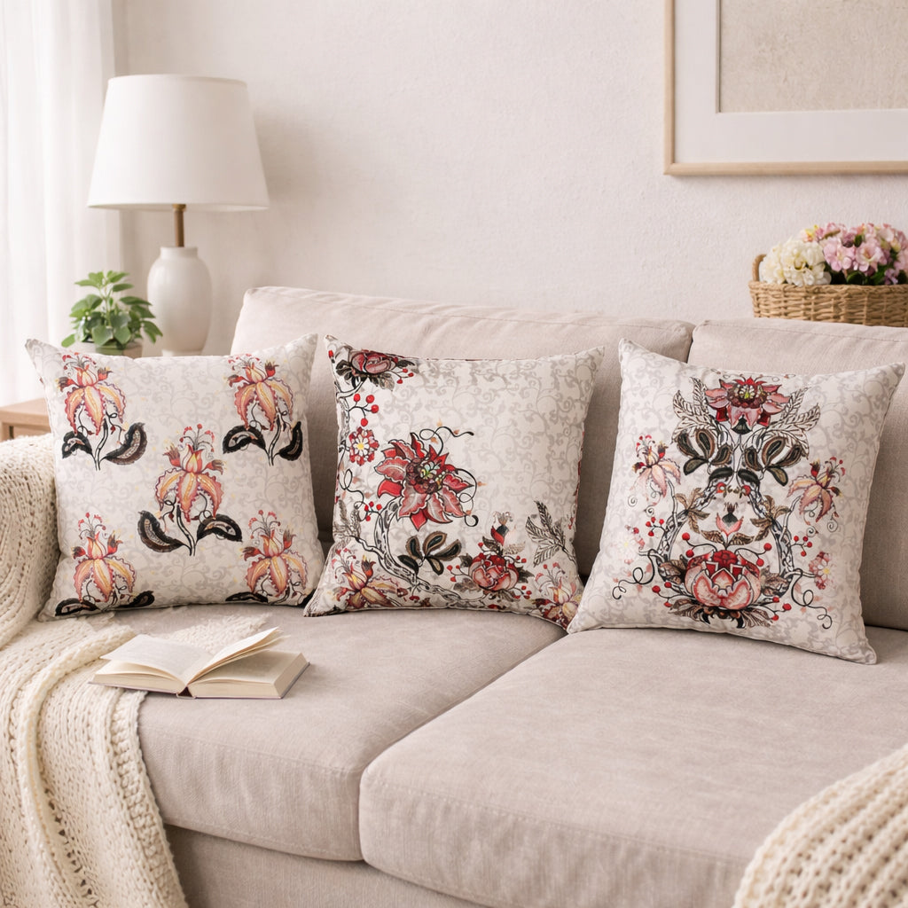 Swayam Beige Floral Printed Cushion Covers Set of 3 (16x16 Inches)