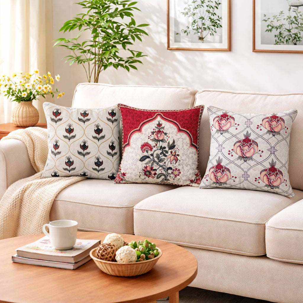 Swayam Beige & Red Ethnic Printed Cushion Covers Set of 3 (16x16 Inches)