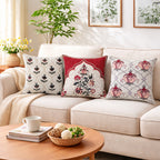 Swayam Beige & Red Ethnic Printed Cushion Covers Set of 3 (16x16 Inches)
