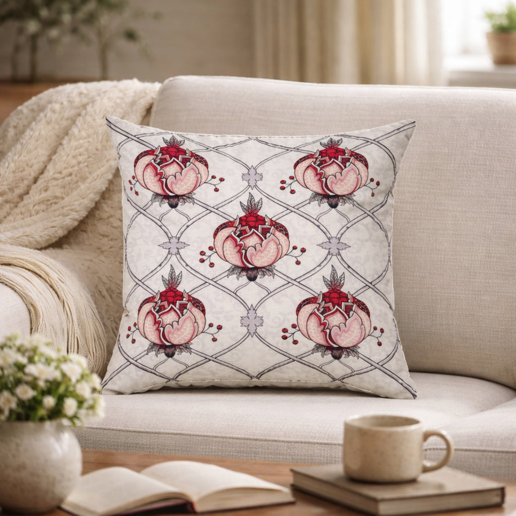 Swayam Beige & Red Ethnic Printed Cushion Covers Set of 3 (16x16 Inches)