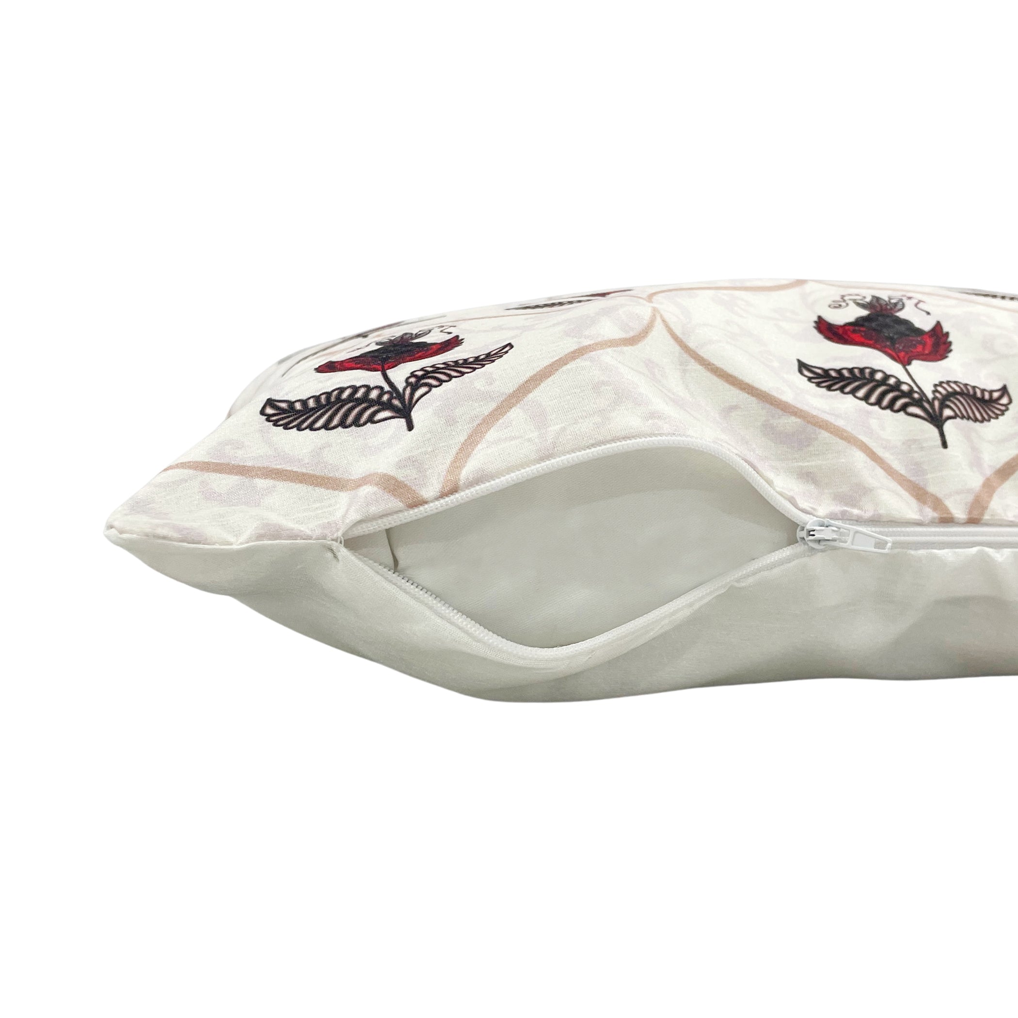 Swayam Beige & Red Ethnic Printed Cushion Covers Set of 3 (16x16 Inches)