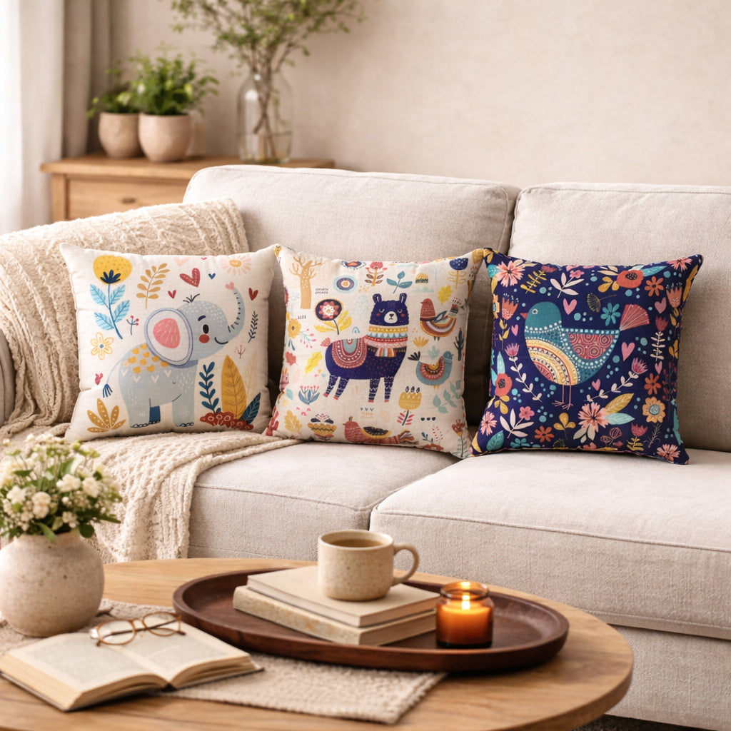 Swayam Multicolour Animal Printed Cushion Covers Set of 3 (16x16 Inches)
