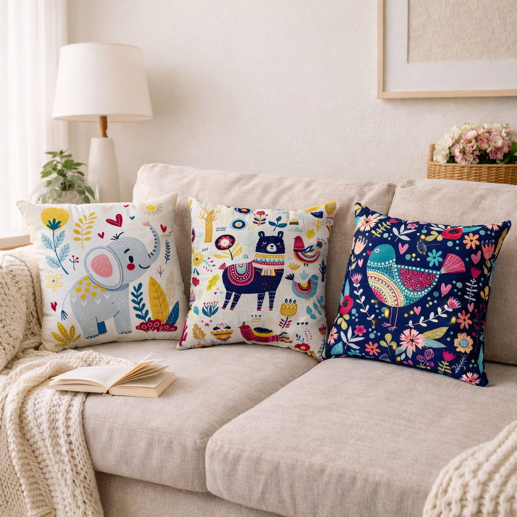 Swayam Multicolour Animal Printed Cushion Covers Set of 3 (16x16 Inches)
