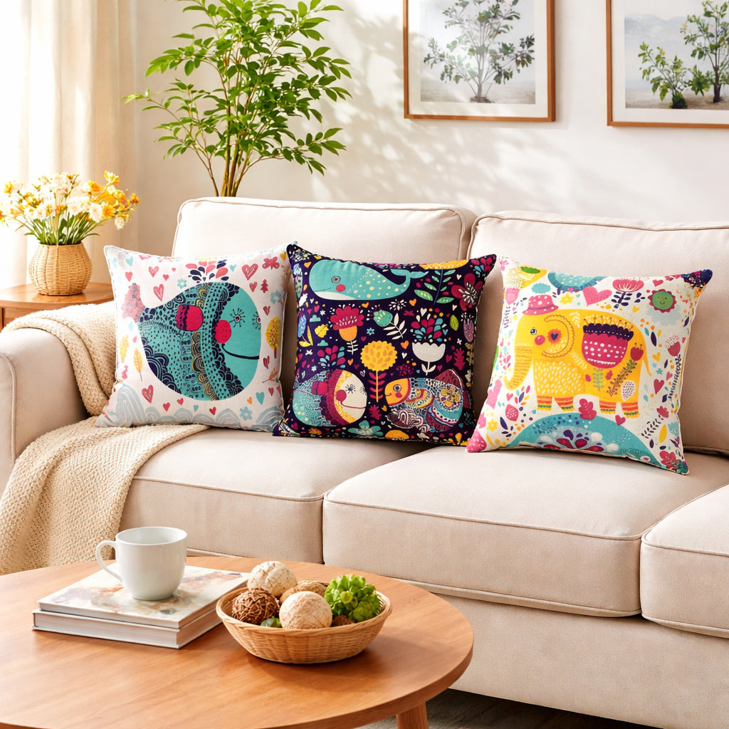 Swayam Multicolour Animal Printed Cushion Covers Set of 3 (16x16 Inches)