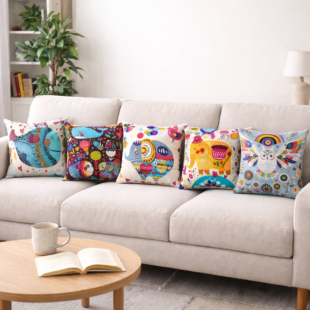 Swayam Multicolour Animal Printed Cushion Covers Set of 6 (16x16 Inches)