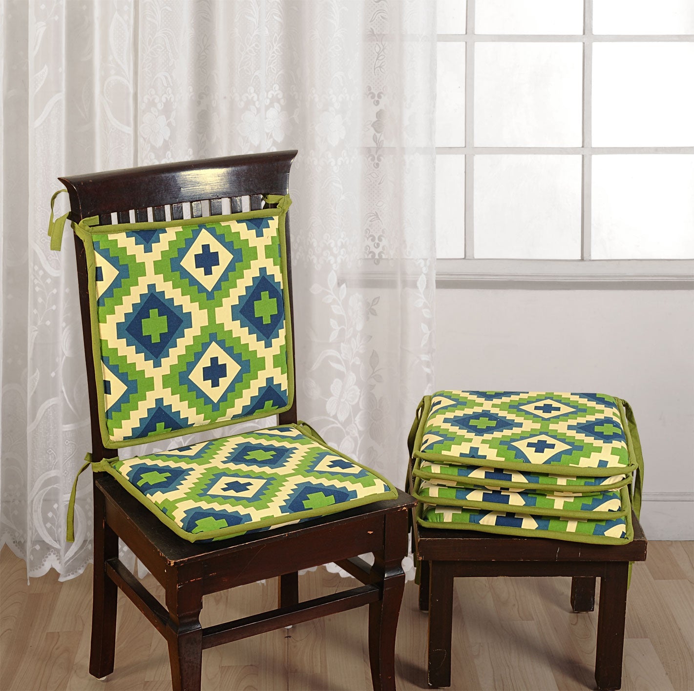 Pack of 2 Premium Printed Green & Blue Geometric Motif Chair Pads, Soft Cushions with Tie-Ups
