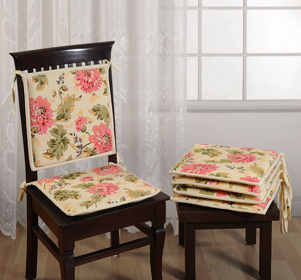 Pack of 2 Premium Printed Chair Pads – Beige Floral Design – Soft Cushions with Tie-Ups