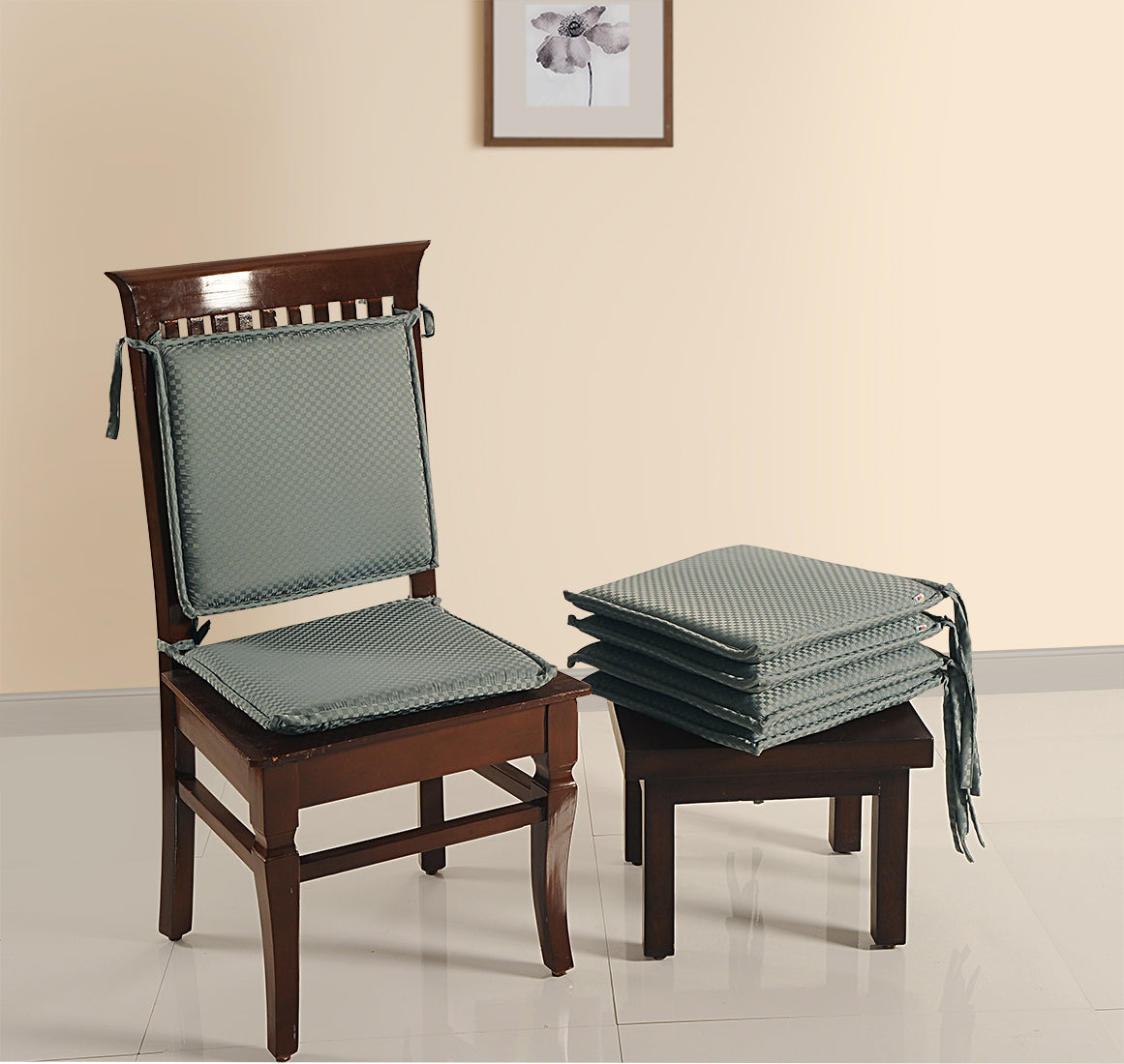 Premium Soft Grey Chair Pads – Pack of 4, Comfortable Cushions with Tie–Ups for Dining & Study Chairs