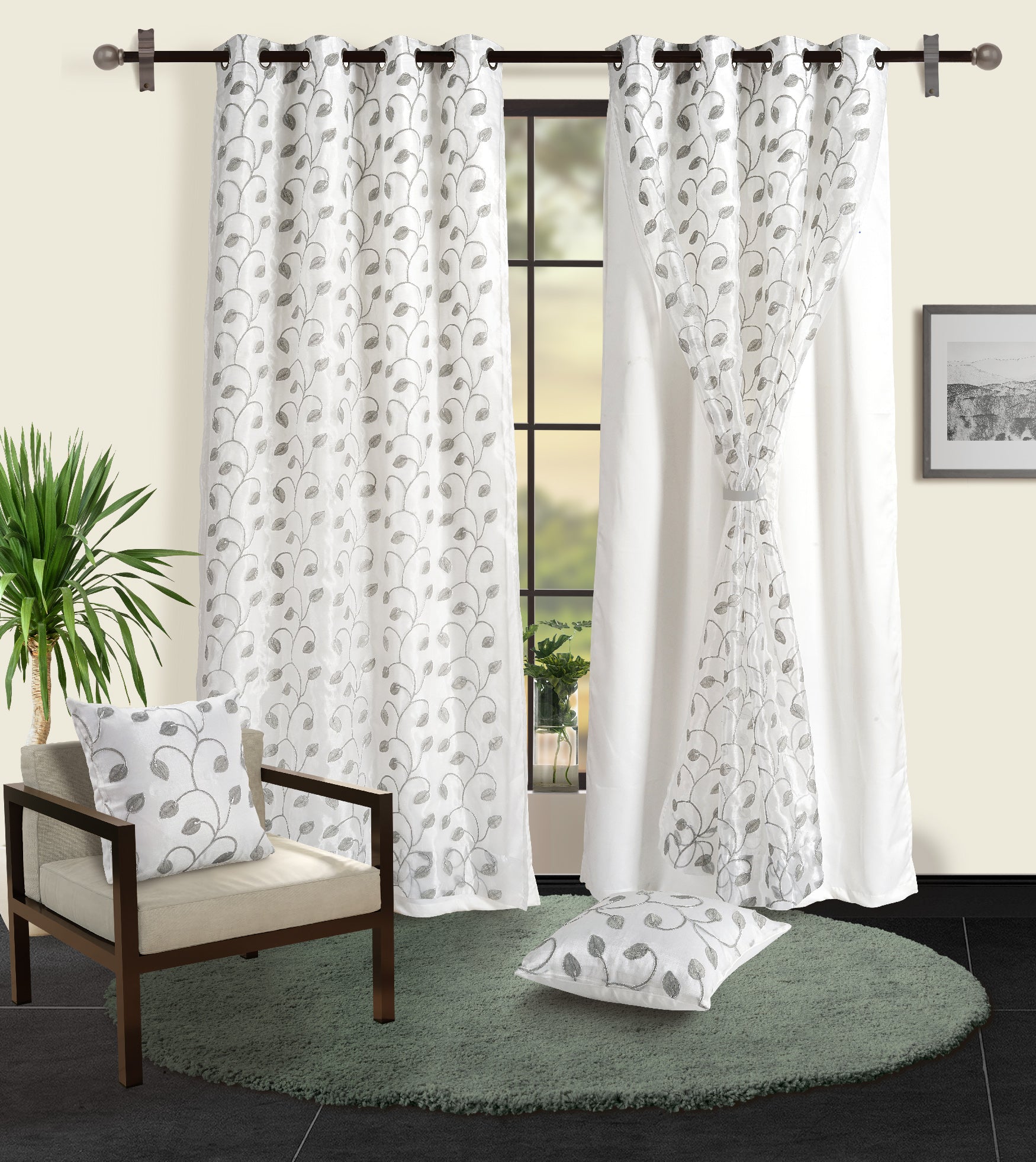 Sheer Embroidered Leaf White Window Curtains
