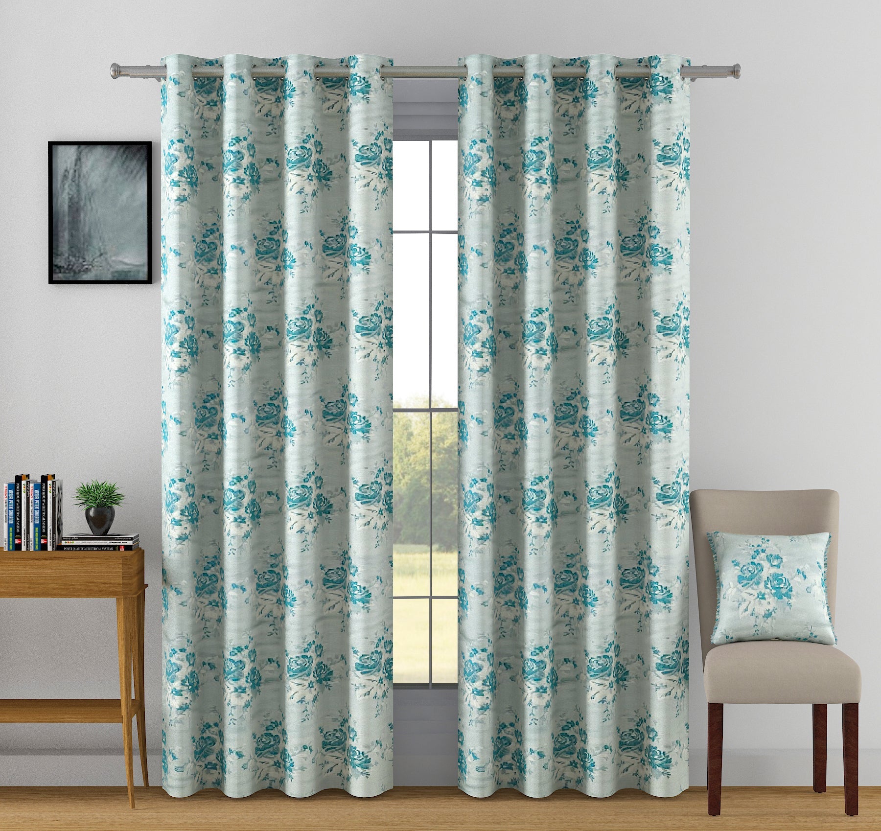 Jacquard Floral Blue Window Curtains