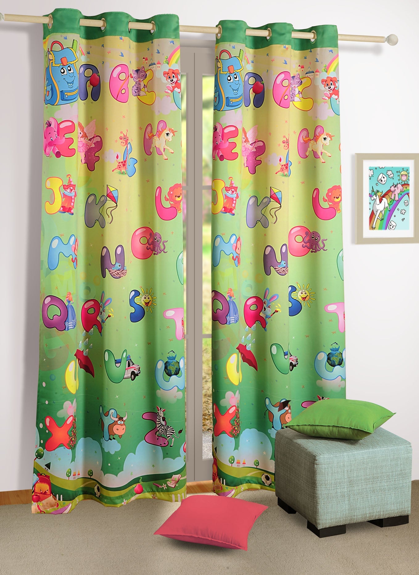 Kids Alphabet & Cartoon Print Door Curtain – 7 ft | Eyelet Style | Fun Learning Design