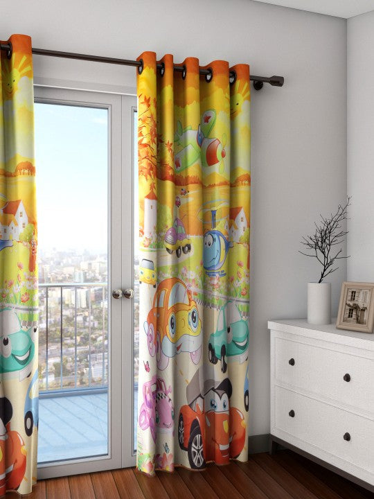 Kids Cartoon Vehicle Print Door Curtain – 7.5 ft | Eyelet Style | Fun & Playful Design