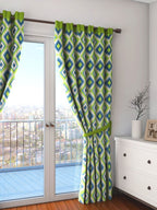 Green Blue Geometric Ikat Print Door Curtain – 7.5 ft | Eyelet Style | Contemporary Ethnic Design