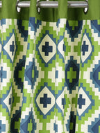 Green Blue Geometric Ikat Print Door Curtain – 7.5 ft | Eyelet Style | Contemporary Ethnic Design