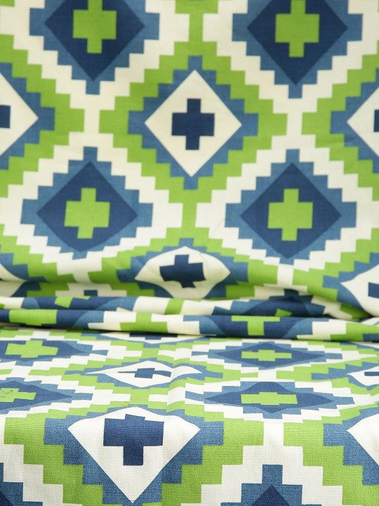 Green Blue Geometric Ikat Print Door Curtain – 7.5 ft | Eyelet Style | Contemporary Ethnic Design